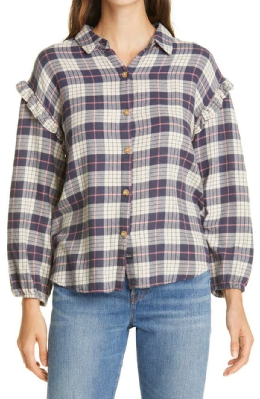 Rails Willow Ruffle Sleeve Almond Plaid Flannel Button Up Shirt